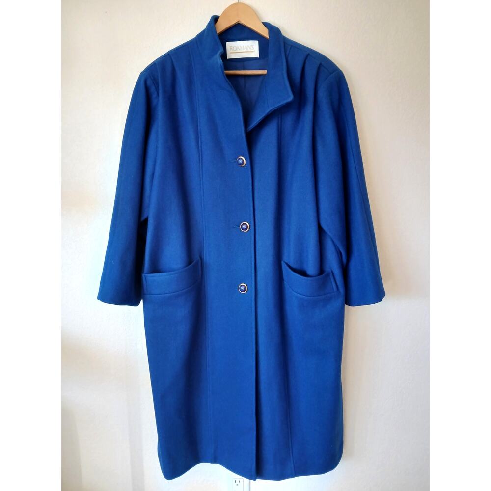 Vintage Roamans Royal Blue Wool Blend Winter Overcoat Pleated Shoulders